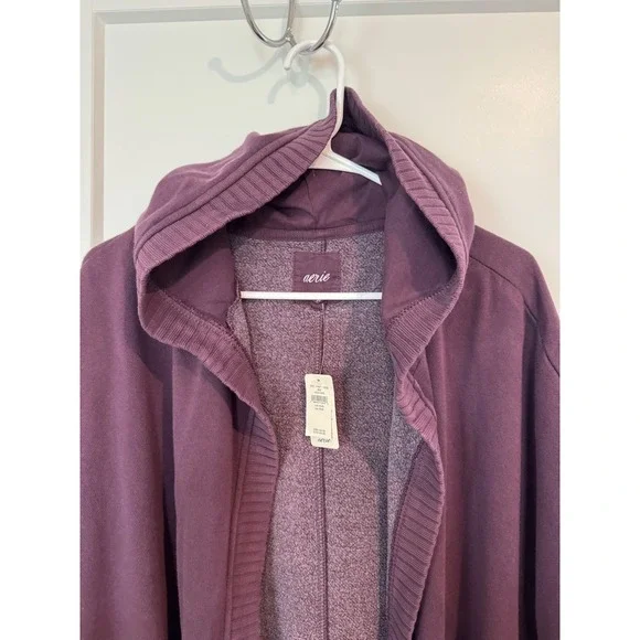Aerie Womens Plum Purple Fleece Hooded Open Front Wrap Cardigan XS/S NWT - Picture 2 of 7